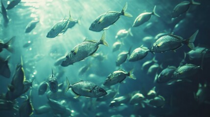 Fototapeta premium A school of fish swims in a vibrant teal ocean. Perfect for documentaries, websites, or marine-themed projects.