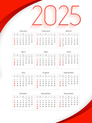minimal 2025 desk calendar layout in white red