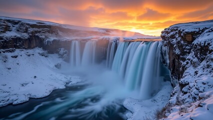 Fototapeta premium Majestic Goðafoss Waterfall in Winter, Icelandic Golden Hour Landscape Photography