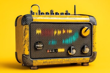 Vintage radio with modern interface, vibrant yellow background, retro-futuristic style.