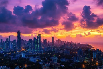 Obraz premium A vibrant city skyline at sunset with dramatic clouds and lights.