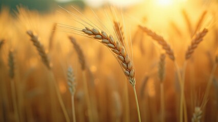 Fototapeta premium Golden Wheat Field at Sunset, Close-up of Ripe Grain Ready for Harvest