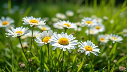Vibrant White Daisies Blooming in Sunny Meadow, Lush Green Grass, Yellow Centers, Enchanting Spring Scene