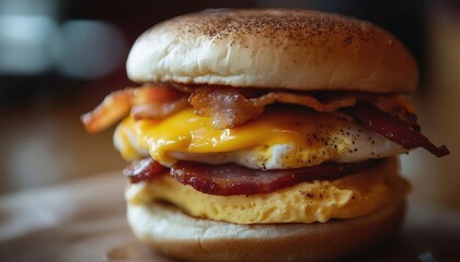 A delicious sandwich featuring egg, bacon, and cheese on a toasted bun.
