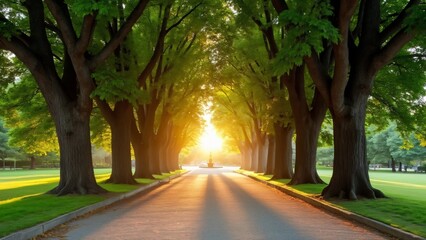 Obraz premium Sunlit Tree-Lined Path, Serene Park Walkway with Lush Greenery and Gravel Road