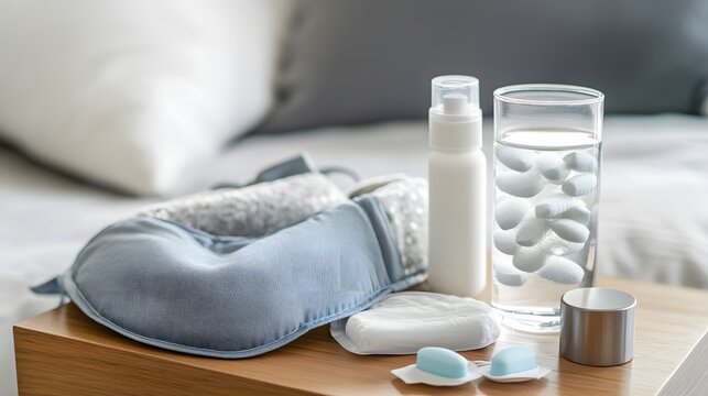 Sleep aid products neatly arranged on a bedside table, promoting relaxation and restful sleep for a peaceful night's slumber.