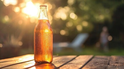 A chilled drink bottle glistens in the sunlight on a wooden table.