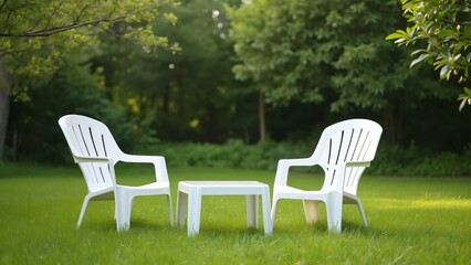 Serene Garden Scene, White Plastic Chairs & Table on Grass