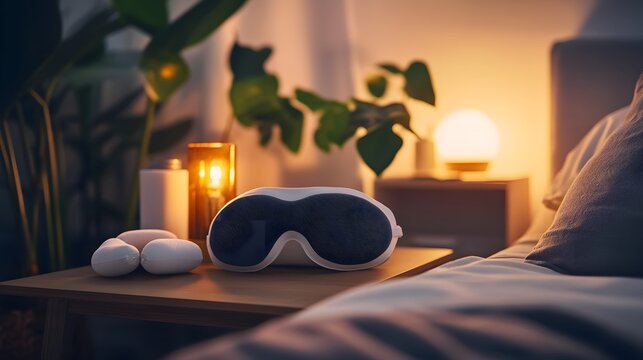 Sleep aid products neatly arranged on a bedside table, promoting relaxation and restful sleep for a peaceful night's slumber.
