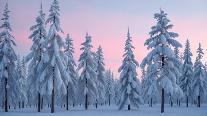 Serene Lapland Winter, Snow-Covered Pine Forest at Dusk, Panoramic Pink Sky