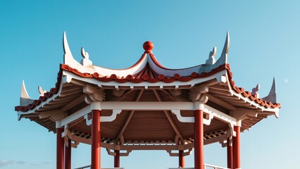 Fototapeta premium Traditional Chinese Gazebo, Red Tile Roof, White Wood, Asian Eaves Design, Symmetrical Curves, Tall Structure Against Blue Sky, Outdoor Seating, Urban Setting, Event Venue