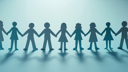 Interconnected Paper Chain People, Unity, Support, Social Projects - Blue Gradient Background