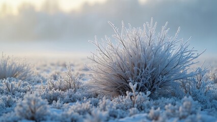 Frost-Covered Winter Bush, Magical Early Morning Scene in Misty Field