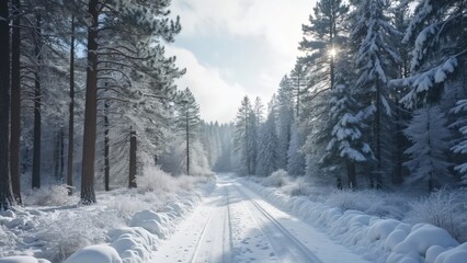 Snow Covered Road in Winter Forest Leading to Gate, Idyllic Winter Wonderland Scene