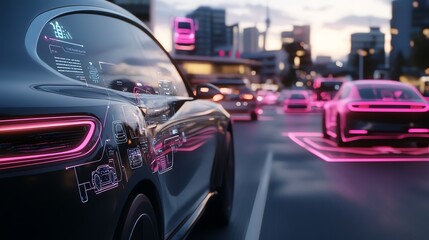 Adaptive Cruise Control Interface A dashboard visual of a car in cruise mode, detecting surrounding vehicles with glowing icons and highlighted lanes, sharp futuristic UI