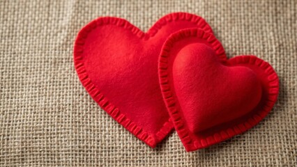 Two Red Felt Hearts Overlapping on Burlap, Romantic Valentine's Day Decoration, Love Symbol, Handmade Crafts, Cozy Texture, Perfect for Greeting Cards, Wedding Invitations, and Romantic