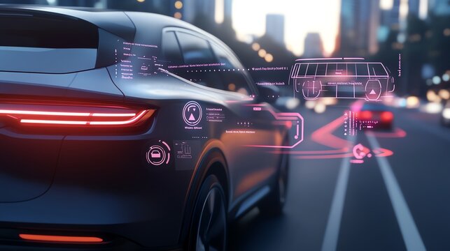 Adaptive Cruise Control Interface A dashboard visual of a car in cruise mode, detecting surrounding vehicles with glowing icons and highlighted lanes, sharp futuristic UI