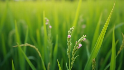 Macro Photography of Delicate Wildflowers Blooming in Lush Green Rice Paddy Field