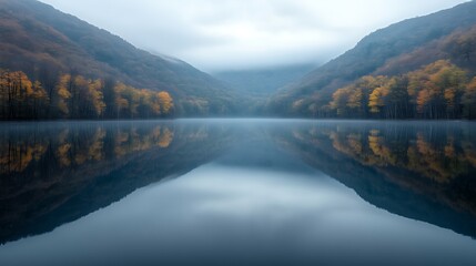 Autumnal lake mirrored in misty mountains