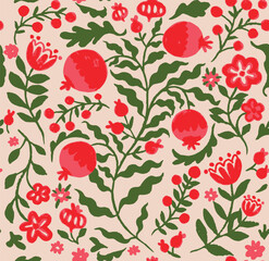 Seamless pattern pomegranate fruits plant. Hand drawn crayons summer tropical floral leaves illustration all over print to use textile, fabric, wallpaper, clothing, fashion, background, packaging