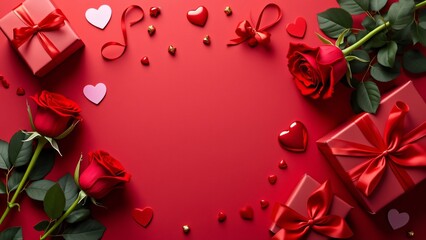 Romantic Valentine's Day Background, Red Roses, Gifts, Hearts Flat Lay