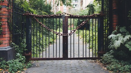 Closed factory gate with chain and padlock, symbolizing the end of an era and the transition to new beginnings. Industrial decline and the shift towards modernization and renewal.