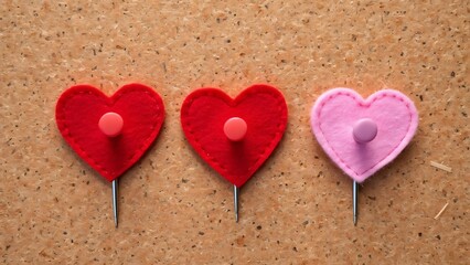 Fototapeta premium Three Felt Heart Push Pins on Corkboard - Romantic Valentine's Decor, Space for Text