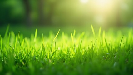 Obraz premium Vibrant Green Grass Macro Photo, Lush Lawn with Copy Space for Text & Design
