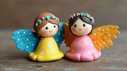Naklejka premium Adorable Painted Clay Angels with Flower Crowns on Wooden Background, Cute Figurines, Whimsical Decor, Handmade Charm
