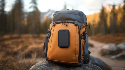 GPS Tracker for Hiking Gear Rugged outdoor setting with a durable GPS tracker clipped to a backpack, forest in the background, realistic texture details, muted natural tones