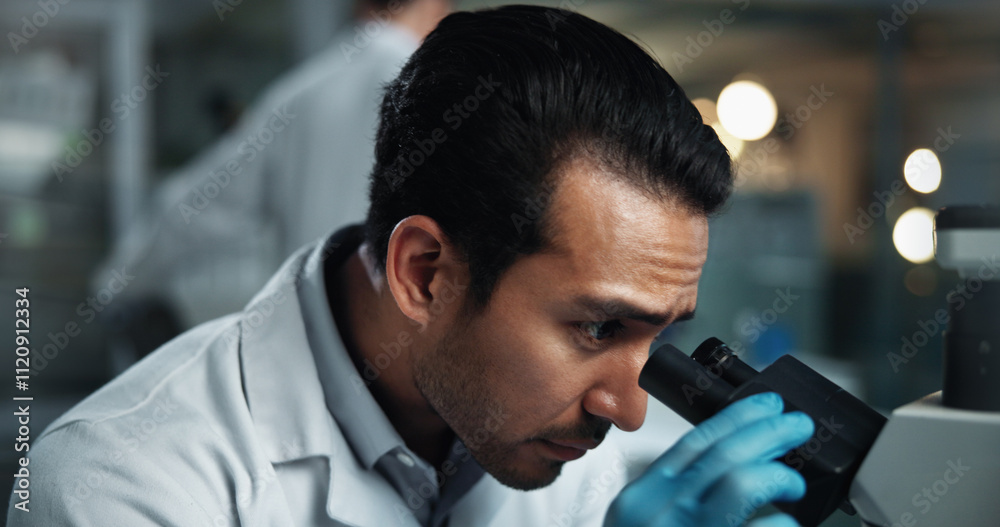 Poster man, microscope and scientist research in laboratory for experiment, medical analysis or biotechnolo