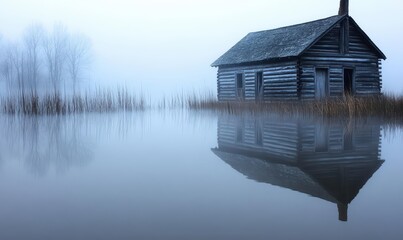 Fototapeta premium A foggy scene featuring a rustic cabin reflected in still water.
