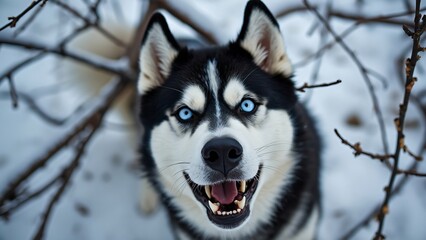Close-up of a snarling black and white husky with striking blue eyes, nestled amongst snowy tree branches. A dramatic winter portrait of a majestic canine.