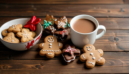 Fototapeta premium Wooden background decorated with hot cocoa and cookies Generative AI