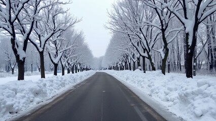 Obraz premium Snow Covered Road to Leexi Zinals Park in Harbin, China - Winter Wonderland Scene