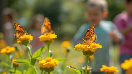 Butterflies on Yellow Flowers, A Vibrant Springtime Scene with Children Playing in the Background
