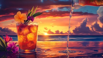 A refreshing cocktail by the ocean during a vibrant sunset.