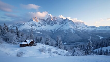 Fototapeta premium Serene Winter Cabin in Snow-Covered Mountain Range Landscape