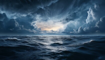Obraz premium A dramatic celestial rift lighting up storm clouds above a calm, dark ocean, leaving open wa