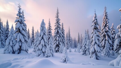 Enchanted Snow-Covered Spruce Forest, Serene Winter Wonderland Landscape at Dusk