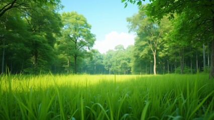 Obraz premium Vibrant Green Meadow Surrounded by Lush Summer Forest, A Sunlit Wide Shot