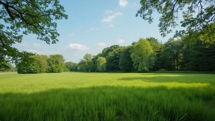 Serene Summer Meadow, Lush Green Field with Tree-Lined Horizon under a Blue Sky