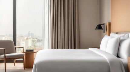 Minimalist deluxe room with neutral colors, sleek furnishings, and warm lighting, minimalist deluxe room, elegant, calm