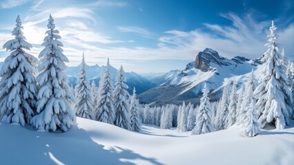 Stunning Panoramic Winter Landscape, Snow-Covered Pines and Majestic Dolomites Mountains