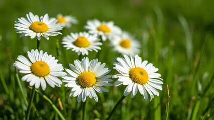 Fototapeta premium Close-up of Vibrant Daisies in Sunny Meadow, Beautiful White Petals and Golden Centers, Soft Focus Background of Lush Green Grass. Perfect for Spring and Summer Themes.