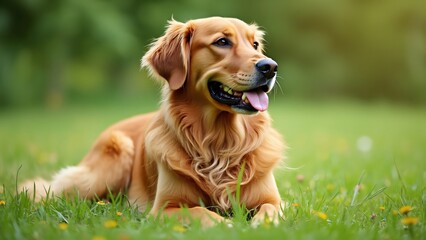 Obraz premium Adorable Golden Retriever Dog Relaxing in Summer Grass