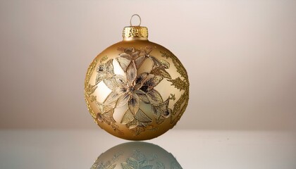  An elegant golden Christmas ball with etched holly designs, slightly frosted, and positioned