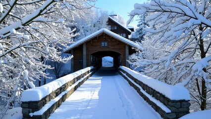 Snowy Swiss Alps, Picturesque Covered Bridge, Wooden House, Winter Wonderland