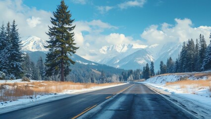 Stunning Pacific Northwest Winter, Scenic Highway, Snow-Covered Mountains, and Majestic Pine Tree