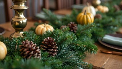 Rustic Winter Holiday Table Runner, Evergreen Garland with Pine Cones, Gourds & Brass Candlesticks